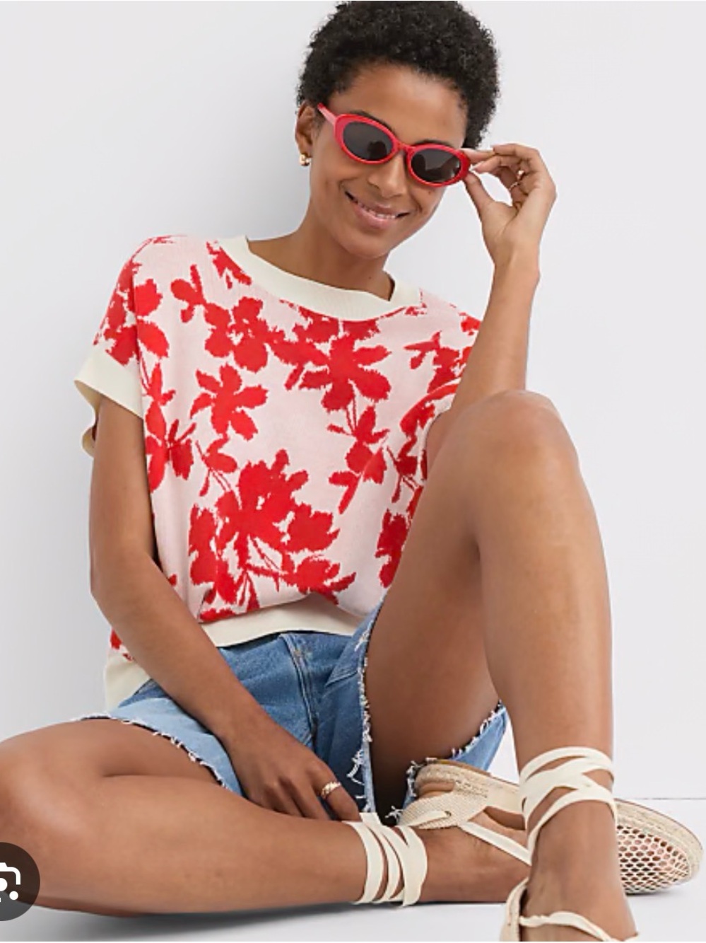 LOFT Floral Jacquard Wedge Short-Sleeve Sweater —NWT